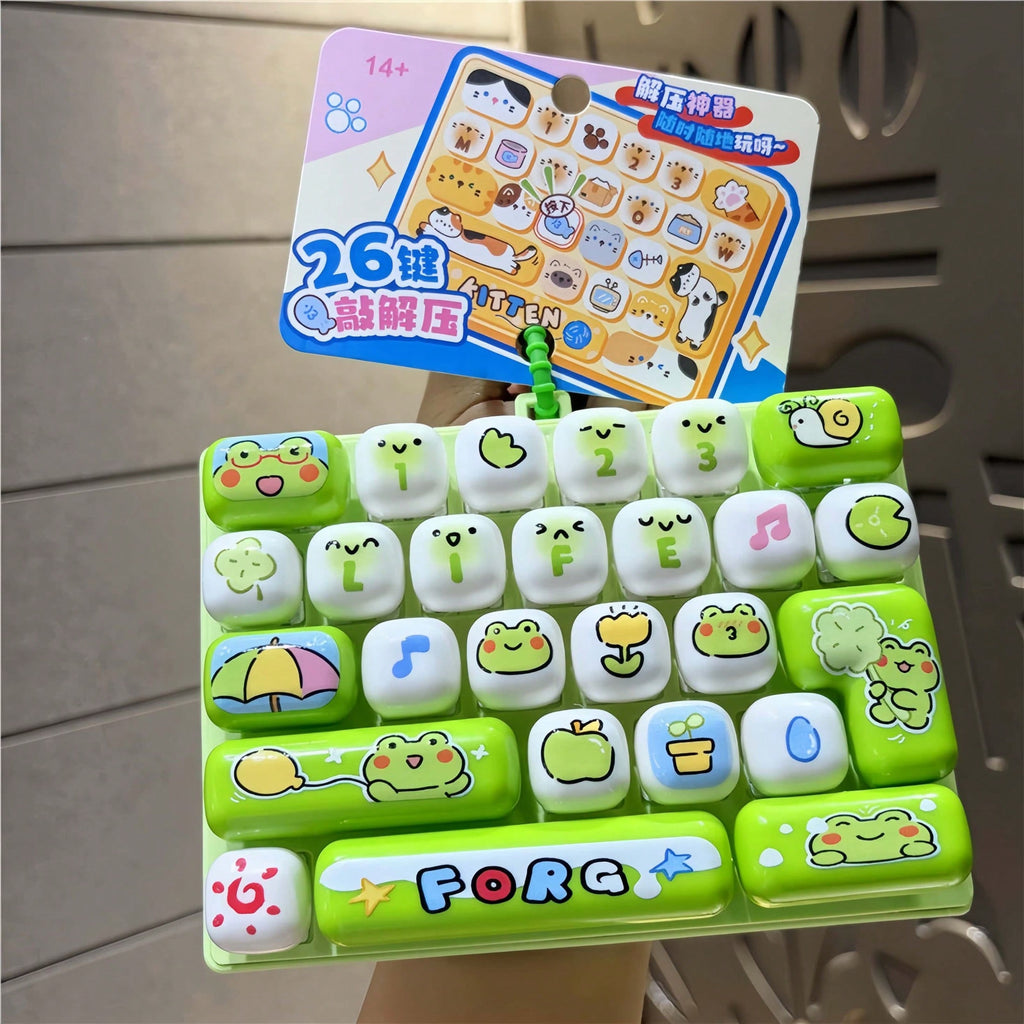 Mechanical Keyboard Fidget Toy with 26 Clicky Keys, Detachable Keycaps and Cartoon Animal Design, Keychain Backpack Charm Gift, 1 Random Style