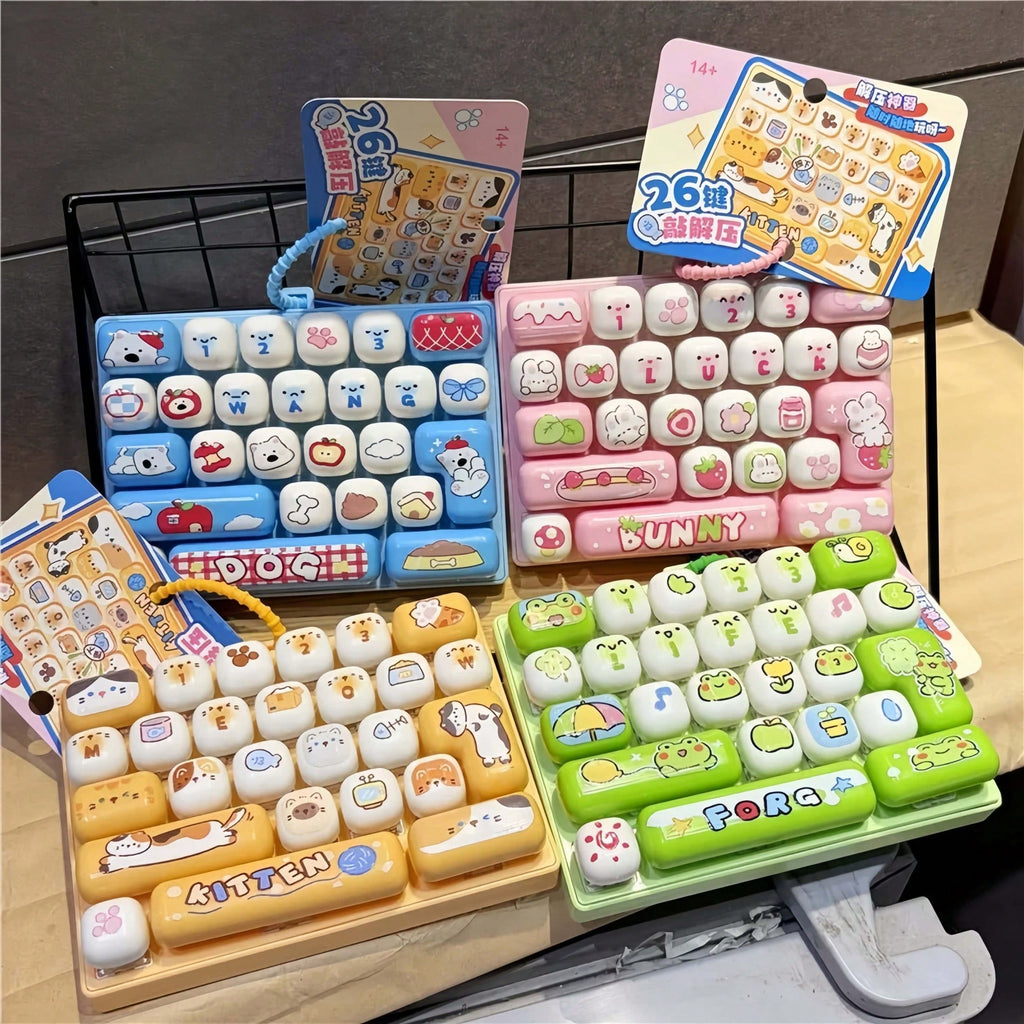 Mechanical Keyboard Fidget Toy with 26 Clicky Keys, Detachable Keycaps and Cartoon Animal Design, Keychain Backpack Charm Gift, 1 Random Style