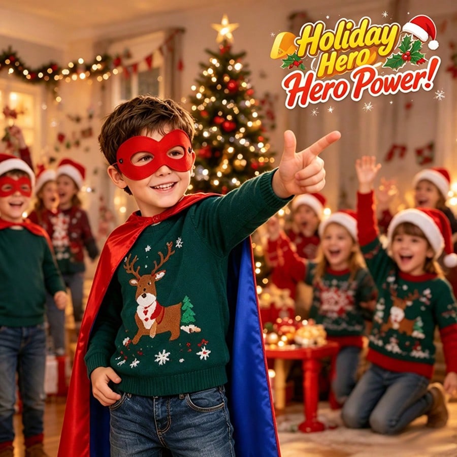 Superhero Foam Dart Blaster Costume Set by B.B.STUDY, Red Role Play Outfit with 10 Foam Darts, Mask, Gloves and Reversible Cape for Parties