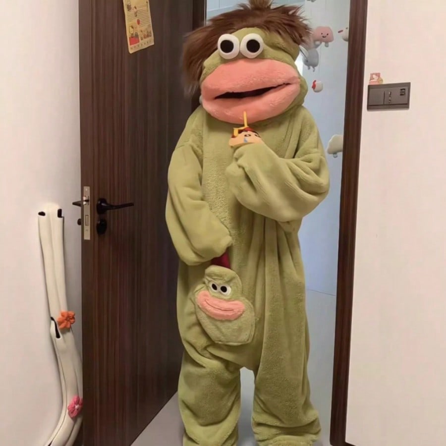 Monster Onesie for Adults and Kids, Cartoon Big Mouth Coral Fleece One Piece Pajamas in Green Purple Orange, Unisex Halloween Costume, Couples Loungewear and Christmas Gift