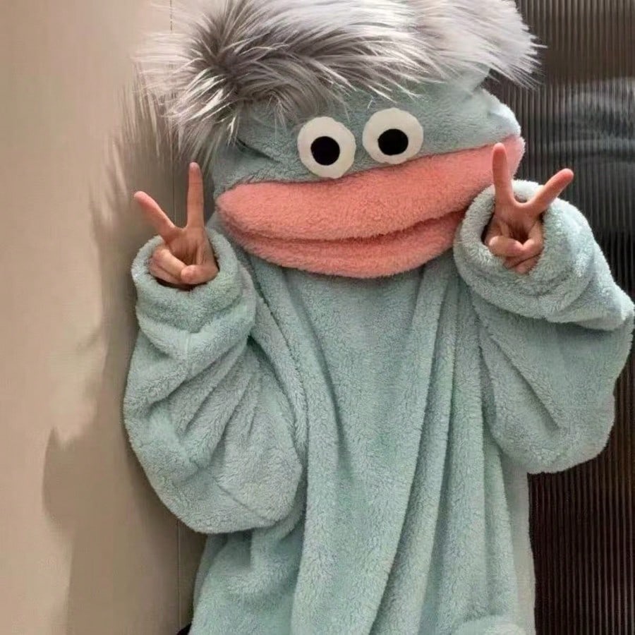 Monster Onesie for Adults and Kids, Cartoon Big Mouth Coral Fleece One Piece Pajamas in Green Purple Orange, Unisex Halloween Costume, Couples Loungewear and Christmas Gift