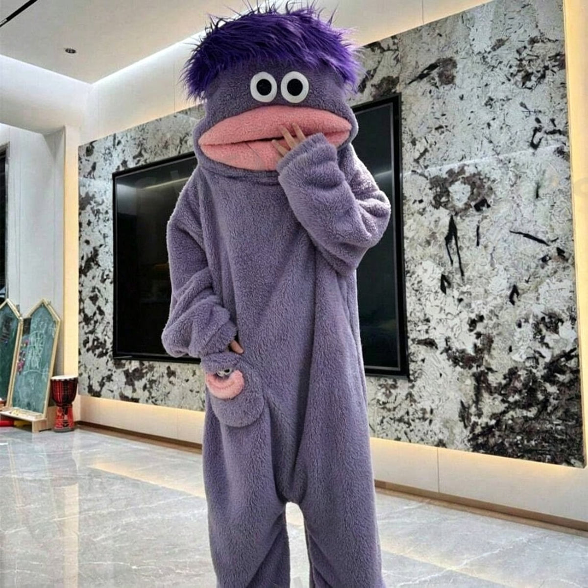 Monster Onesie for Adults and Kids, Cartoon Big Mouth Coral Fleece One Piece Pajamas in Green Purple Orange, Unisex Halloween Costume, Couples Loungewear and Christmas Gift