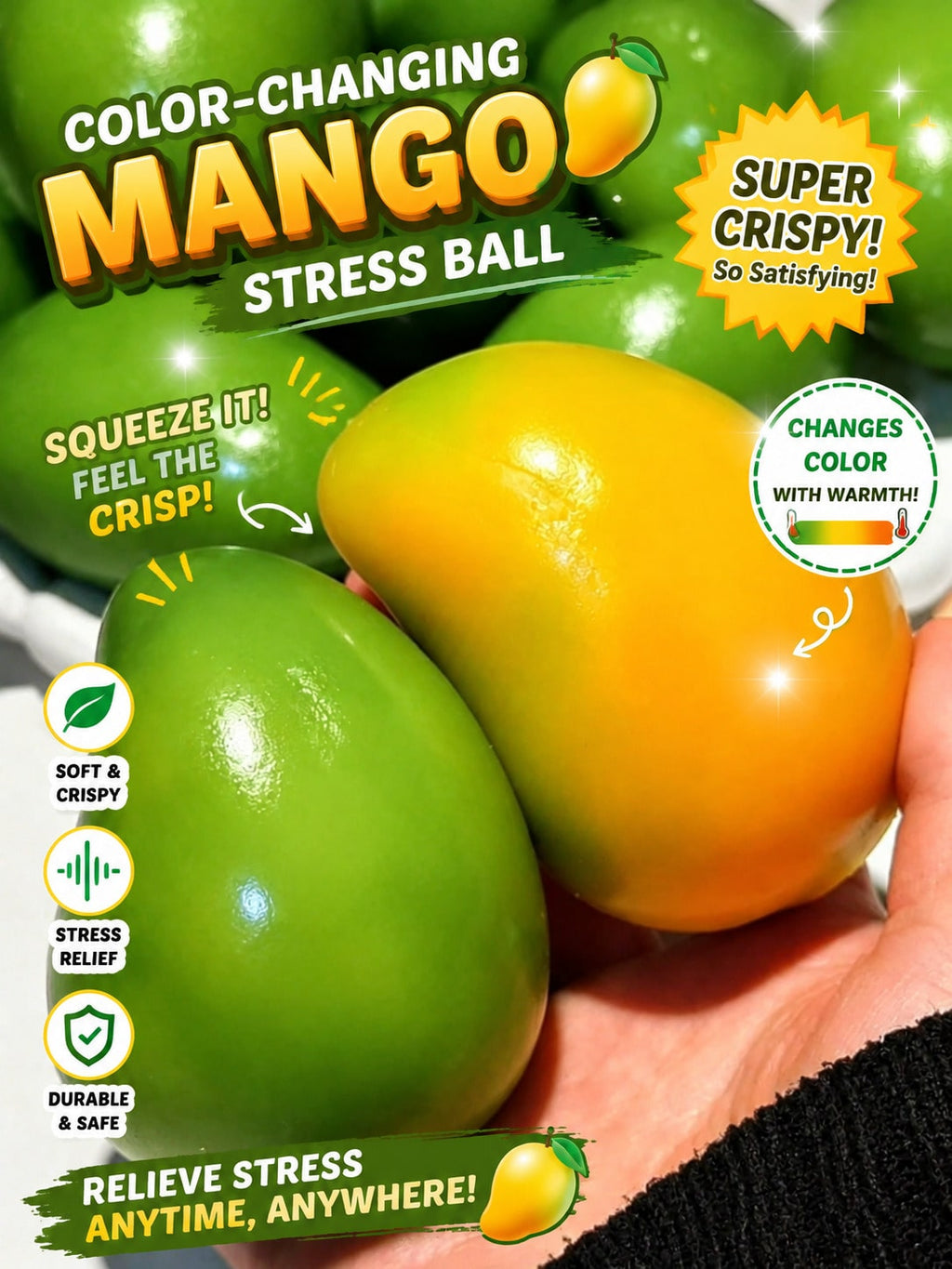 Mango Stress Ball with Color Changing Effect, Crispy Bead Filled Squishy ASMR Squeeze Fidget Toy for Sensory Desk Breaks and Novelty Gifts, 1 Piece