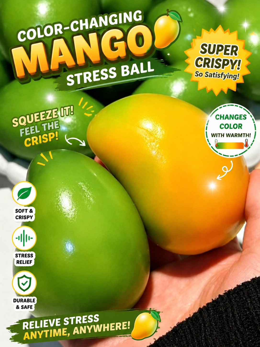 Mango Stress Ball with Color Changing Effect, Crispy Bead Filled Squishy ASMR Squeeze Fidget Toy for Sensory Desk Breaks and Novelty Gifts, 1 Piece
