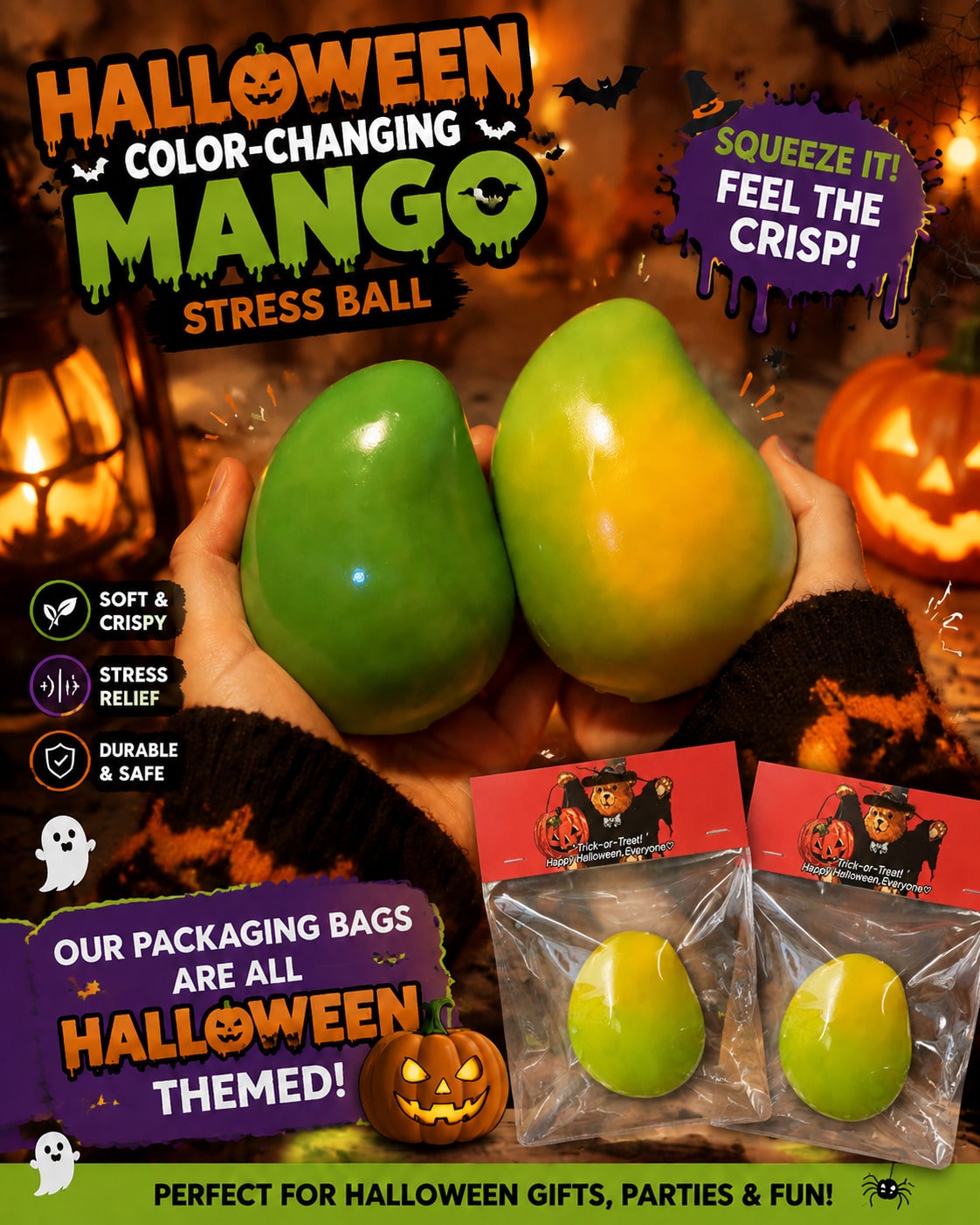 Mango Stress Ball with Color Changing Effect, Crispy Bead Filled Squishy ASMR Squeeze Fidget Toy for Sensory Desk Breaks and Novelty Gifts, 1 Piece