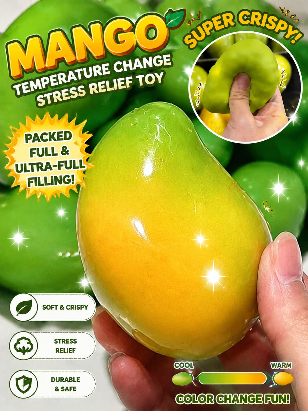 Mango Stress Ball with Color Changing Effect, Crispy Bead Filled Squishy ASMR Squeeze Fidget Toy for Sensory Desk Breaks and Novelty Gifts, 1 Piece