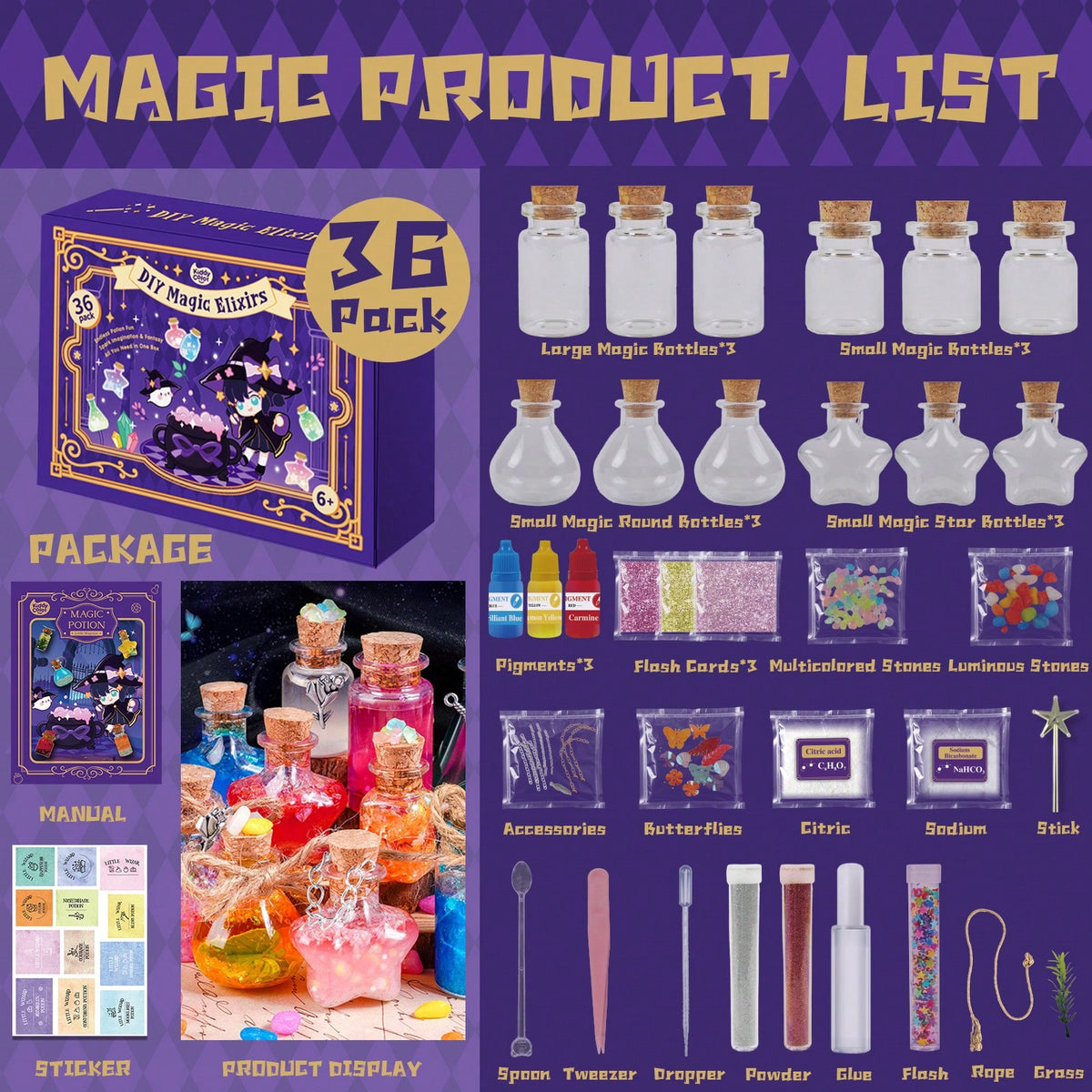 Magic Potion Kit for Kids, DIY Fairy Tale Potion Making Craft Set in 36 or 71 Piece Packs, Halloween Party Activity & Imaginative Play Toy Gift for Boys Girls Ages 6+