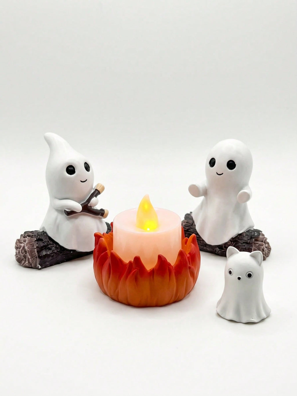 Halloween Ghost Candle Holder with Bonfire Marshmallow Roasting Scene, Ghost and Cat or Dog Figurine for Fall Coffee Table and Mantel Decor, Candle Not Included