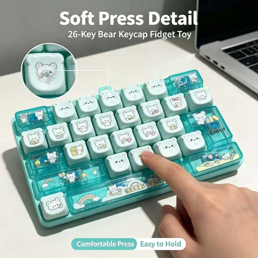 Keyboard Fidget Keychain with Cute Bear Design, 26 Soft-Press Keys, Portable Sensory Desk Toy and Bag Charm Gift, 1 Random Style