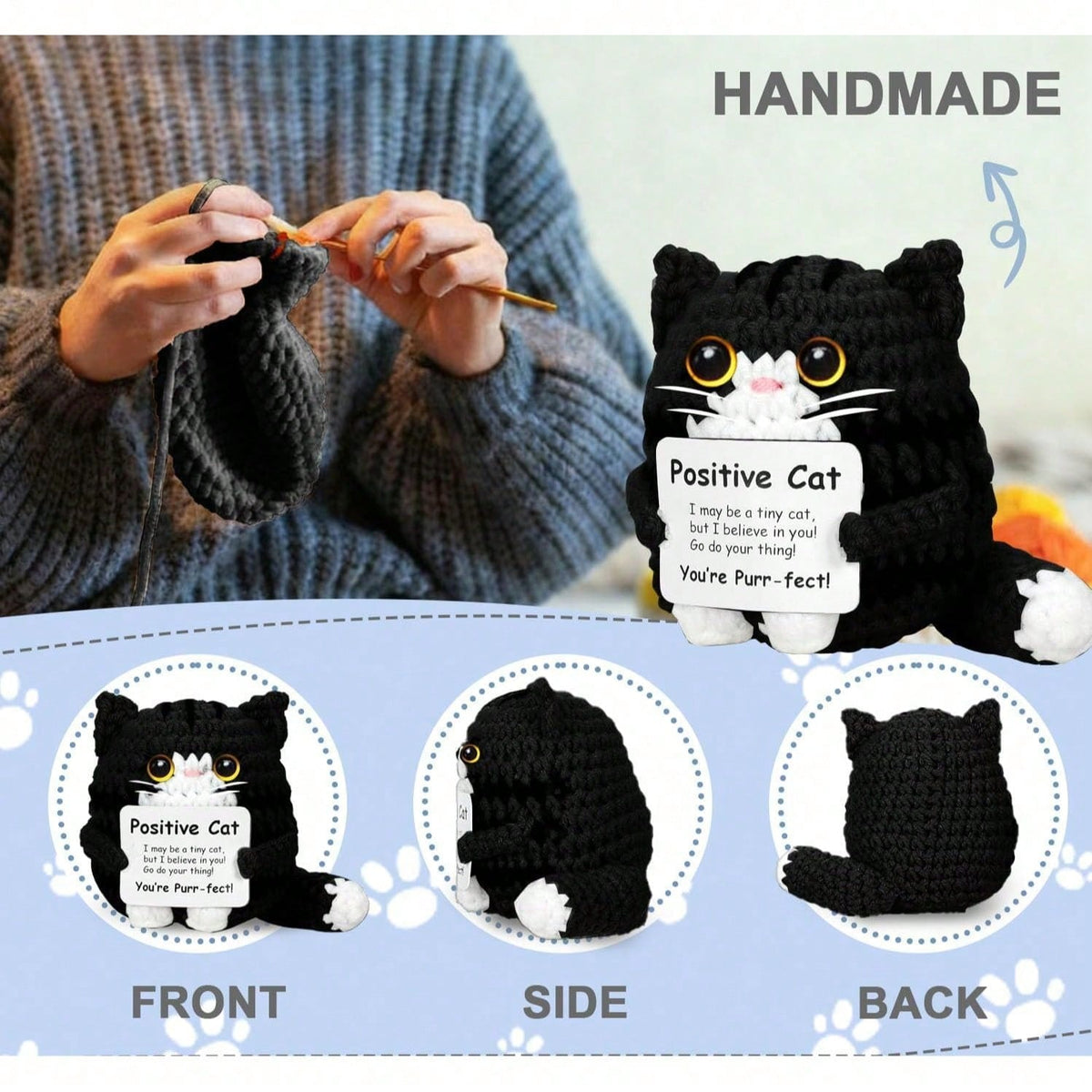 Crochet Cat Plush, Handmade Mini Kitty Decoration in Yellow or Black, Cute Cat Lover Gift for Mom, Birthdays and Anniversary Surprises