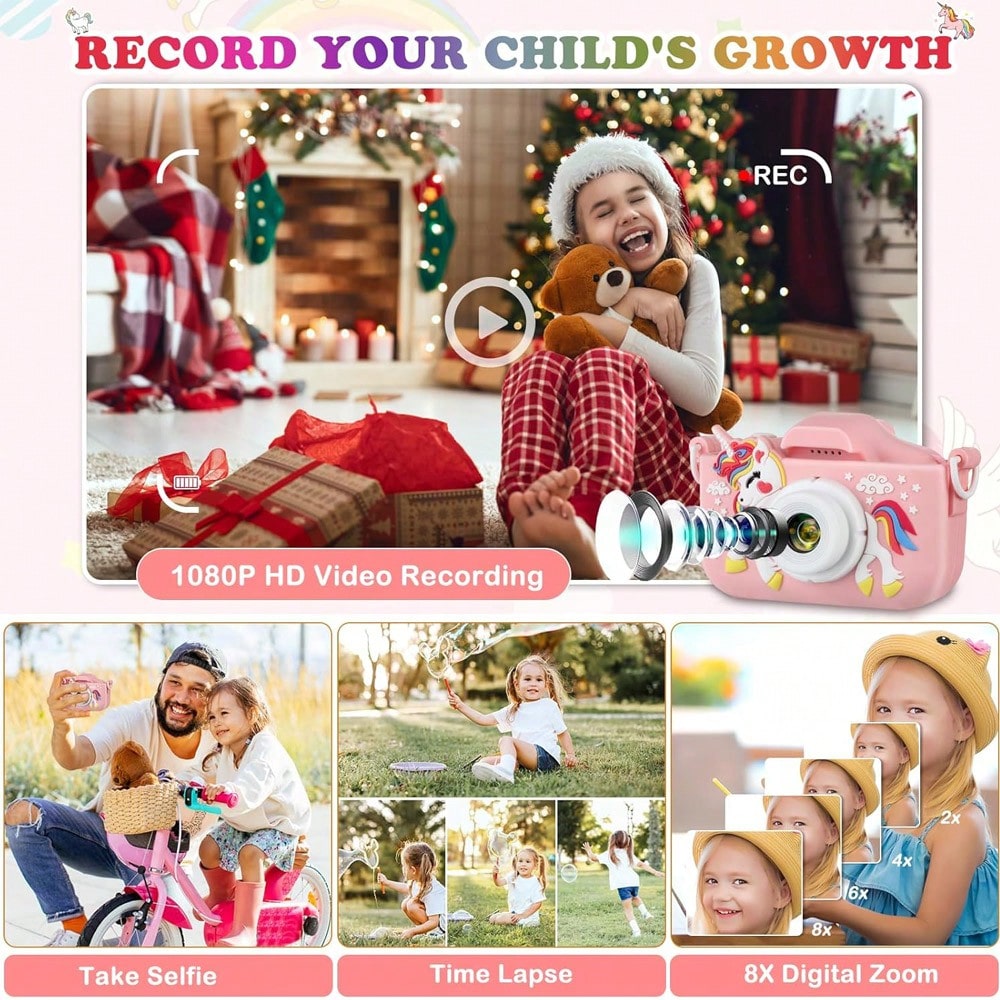Unicorn Kids Digital Camera with 32GB SD Card and Card Reader, Rechargeable Selfie Photo Video Camera Toy with Games for Ages 3-12, Pink or Purple