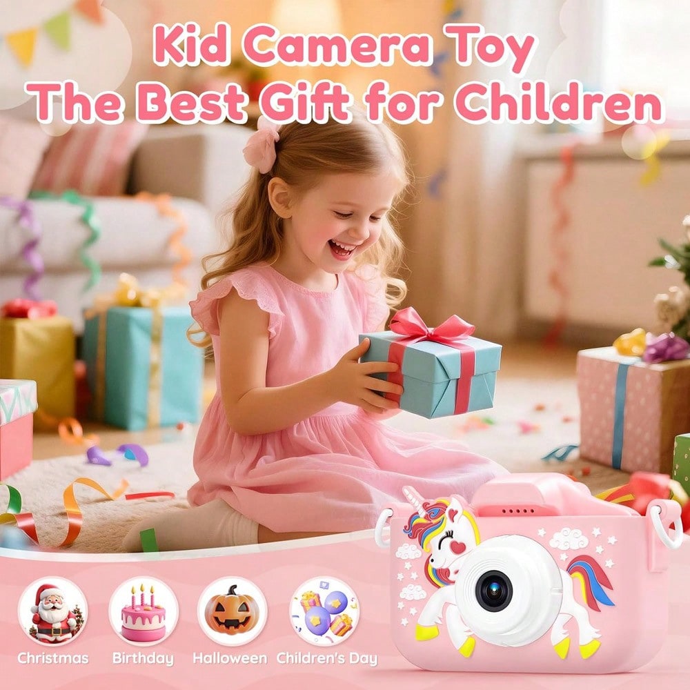 Unicorn Kids Digital Camera with 32GB SD Card and Card Reader, Rechargeable Selfie Photo Video Camera Toy with Games for Ages 3-12, Pink or Purple