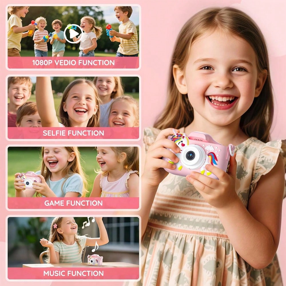 Unicorn Kids Digital Camera with 32GB SD Card and Card Reader, Rechargeable Selfie Photo Video Camera Toy with Games for Ages 3-12, Pink or Purple