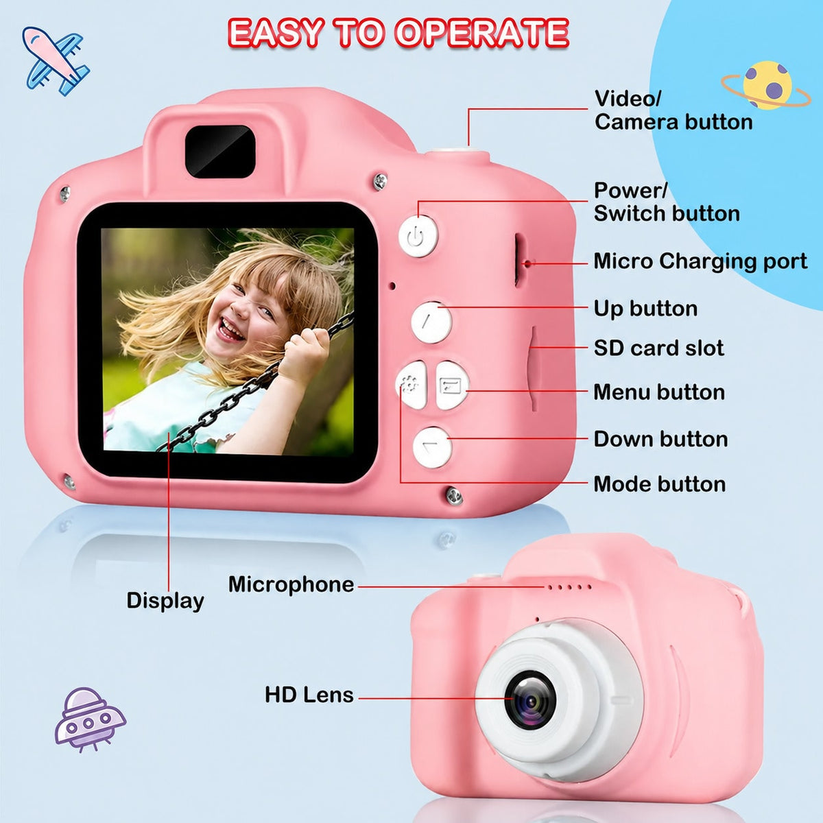 Kids Digital Selfie Camera with Video Recording and USB Charging, Children's Photography Camera in Blue or Pink for Birthday and Holiday Gifts