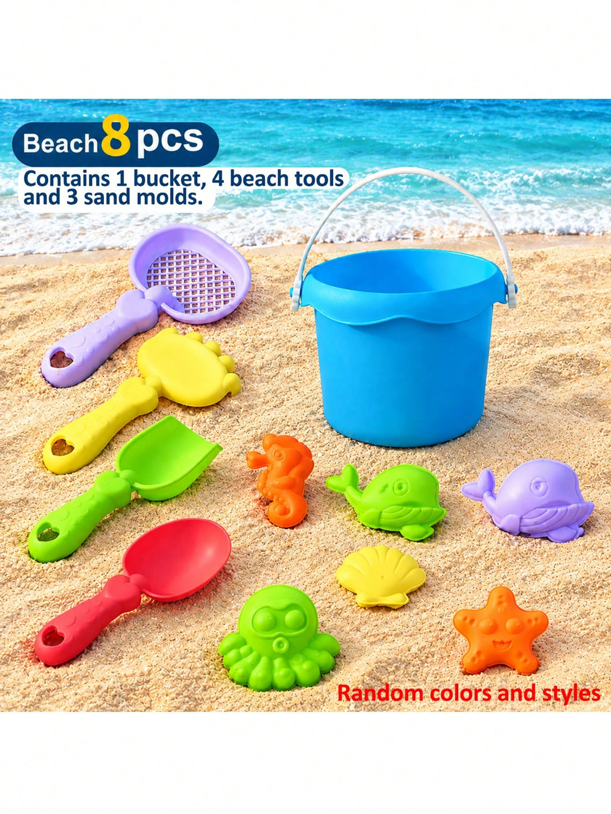 Beach Sand Toys Set for Kids, 8 or 16 Pieces with Bucket, Shovel and Sandcastle Building Tools for Summer Beach Trips, Outdoor Play and Camping Gifts