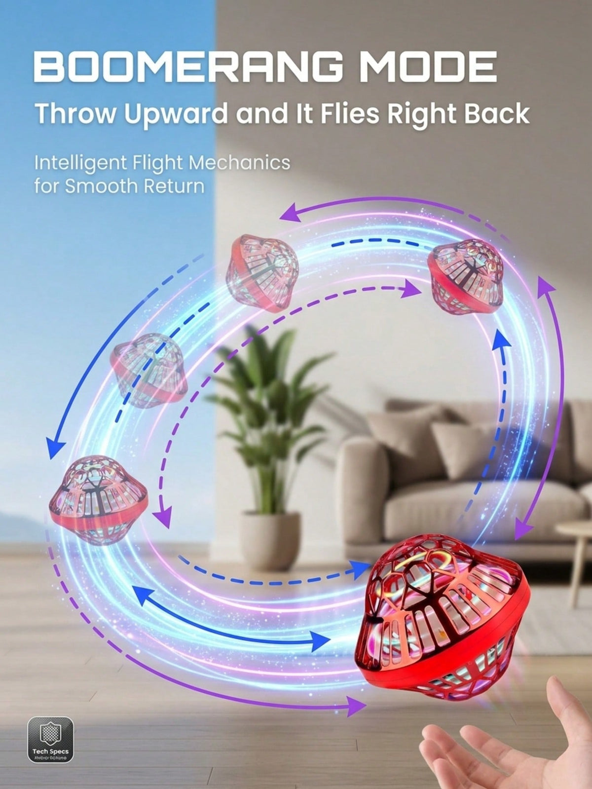 Flying Orb Ball Toy with LED Lights, Auto-Rebound Hand-Controlled Hovering Spinner for Indoor Outdoor Play, Gifts for Boys and Girls Ages 6+