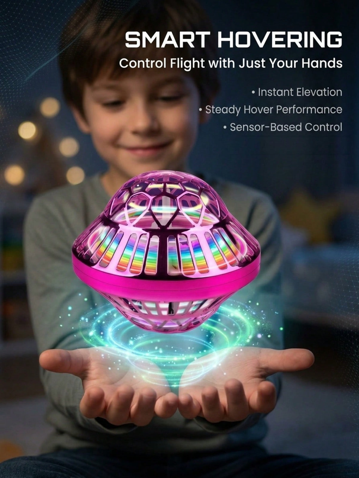 Flying Orb Ball Toy with LED Lights, Auto-Rebound Hand-Controlled Hovering Spinner for Indoor Outdoor Play, Gifts for Boys and Girls Ages 6+