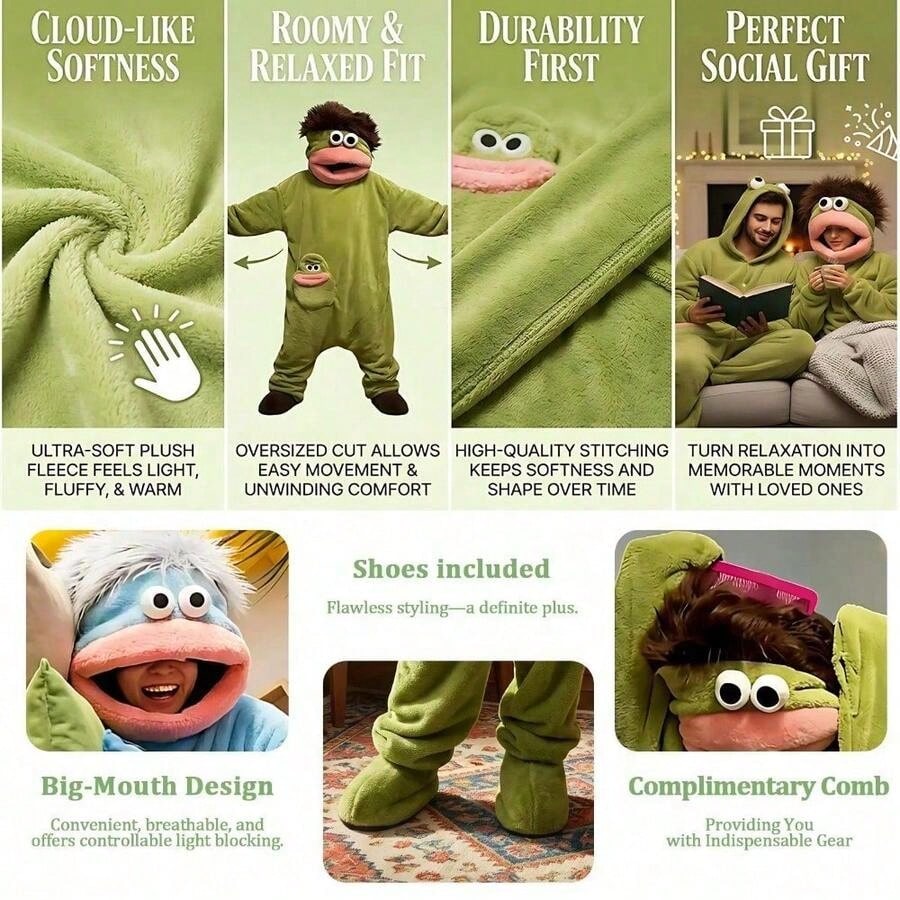 Monster Onesie for Adults and Kids, Cartoon Big Mouth Coral Fleece One Piece Pajamas in Green Purple Orange, Unisex Halloween Costume, Couples Loungewear and Christmas Gift