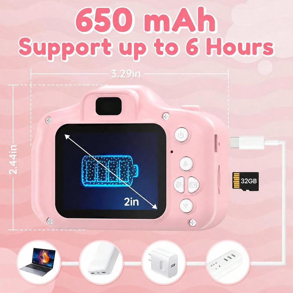 Unicorn Kids Digital Camera with 32GB SD Card and Card Reader, Rechargeable Selfie Photo Video Camera Toy with Games for Ages 3-12, Pink or Purple