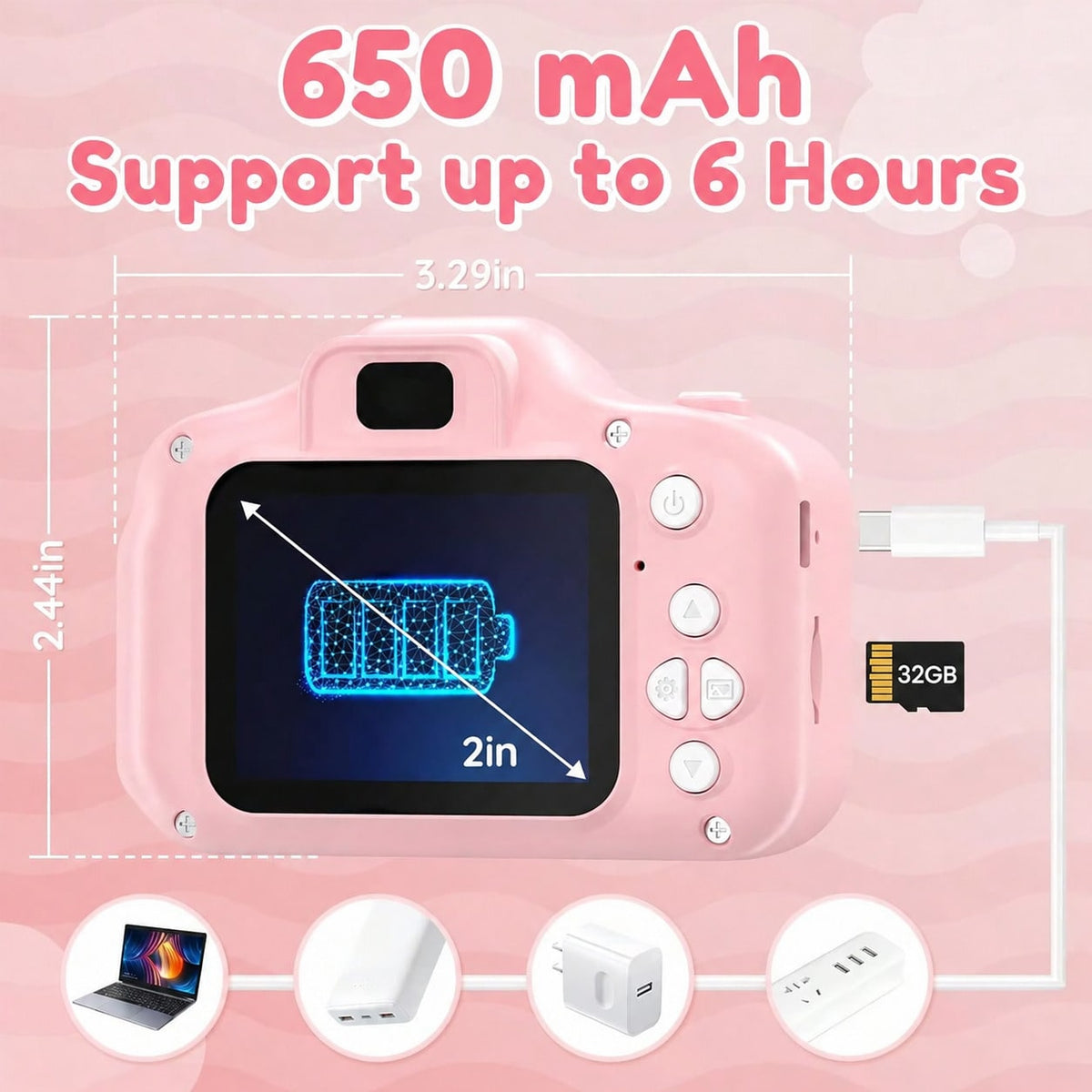 Unicorn Kids Digital Camera with 32GB SD Card and Card Reader, Rechargeable Selfie Photo Video Camera Toy with Games for Ages 3-12, Pink or Purple