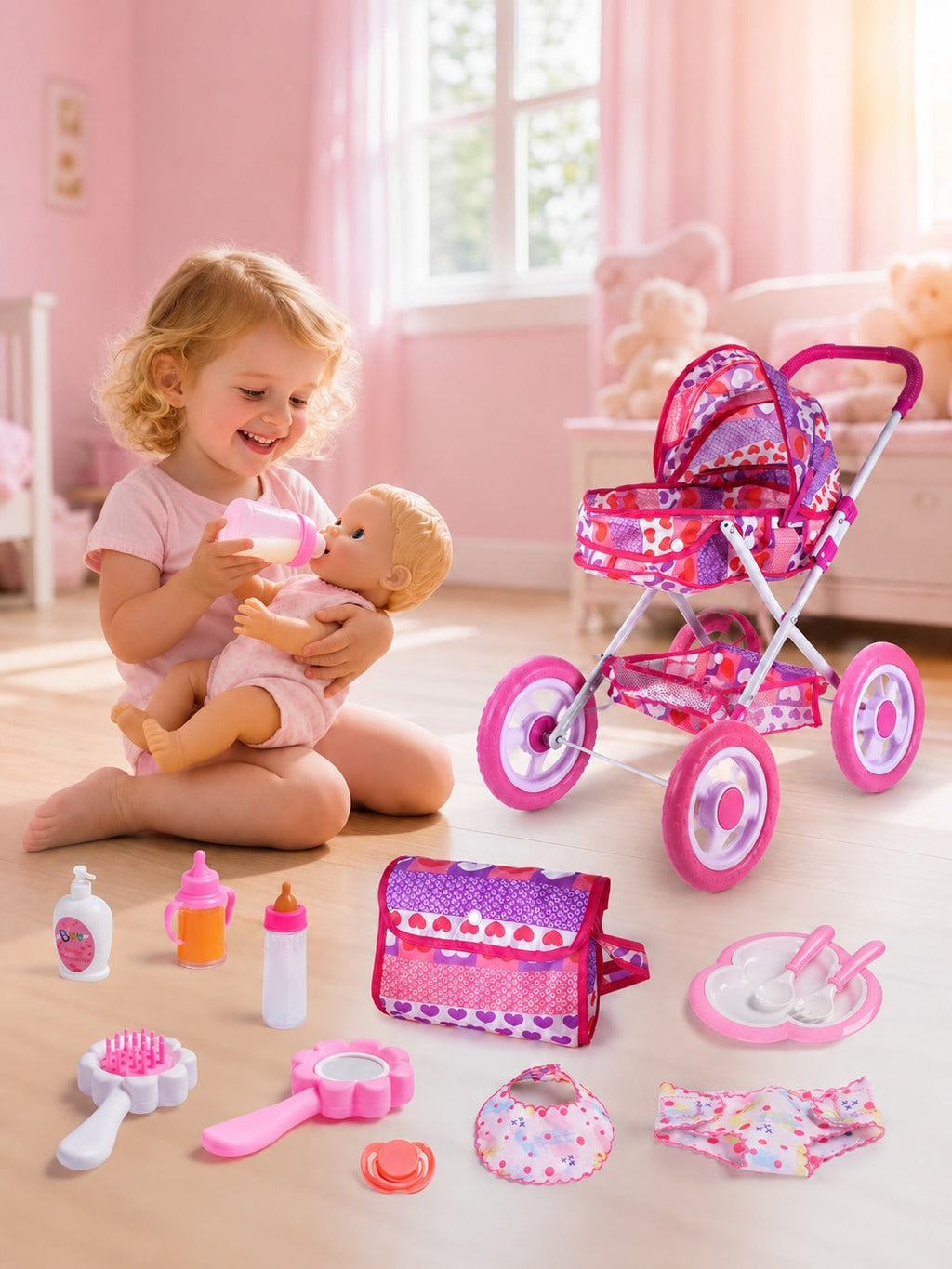 Doll Feeding Accessories for 12 Inch Baby Dolls, BABESIDE 10 Piece Pretend Play Care Set for Kids Ages 3+, Multicolor Gift, Doll Not Included