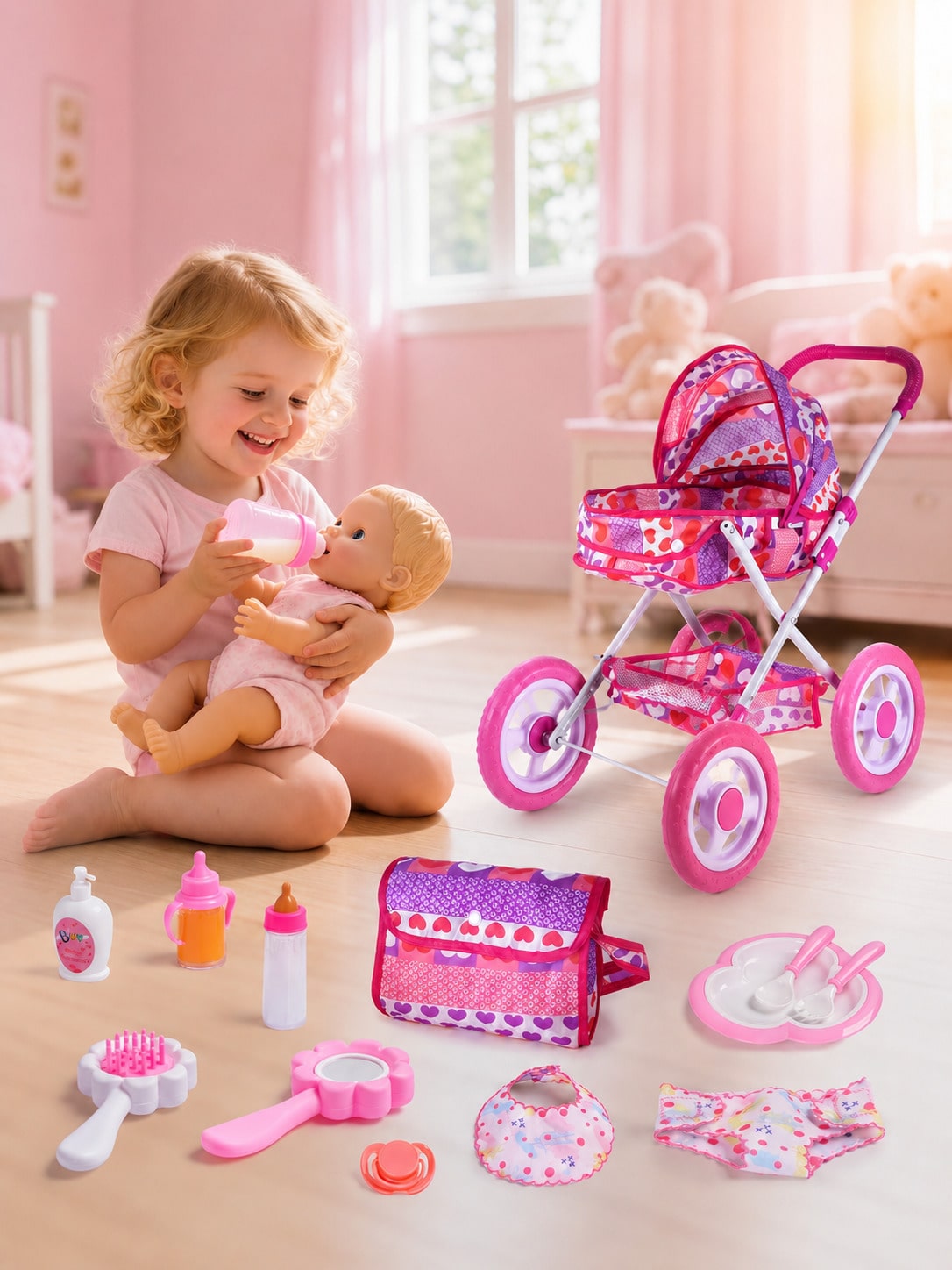 Doll Feeding Accessories for 12 Inch Baby Dolls, BABESIDE 10 Piece Pretend Play Care Set for Kids Ages 3+, Multicolor Gift, Doll Not Included