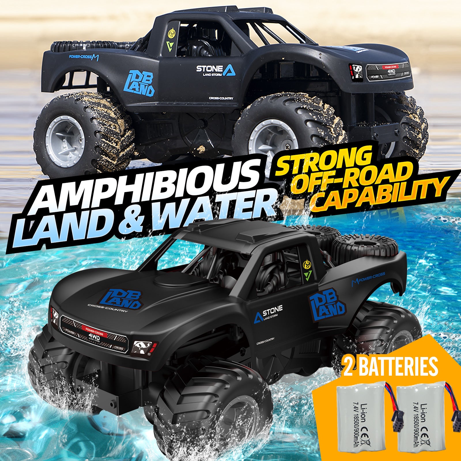 Amphibious RC Monster Truck 1:16 Scale 4WD Waterproof - 2 Rechargeable Batteries, All Terrain Off-Road RC Car for Kids Boys Ages 4-7, Birthday Gift