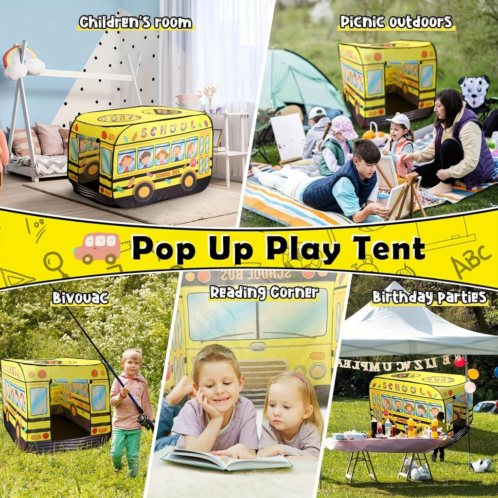 School Bus Pop Up Play Tent for Kids Indoor Outdoor Playhouse Fits 4 Children Instant Setup Role Play Theater Toddlers Ages 3+ Birthday Christmas Gift