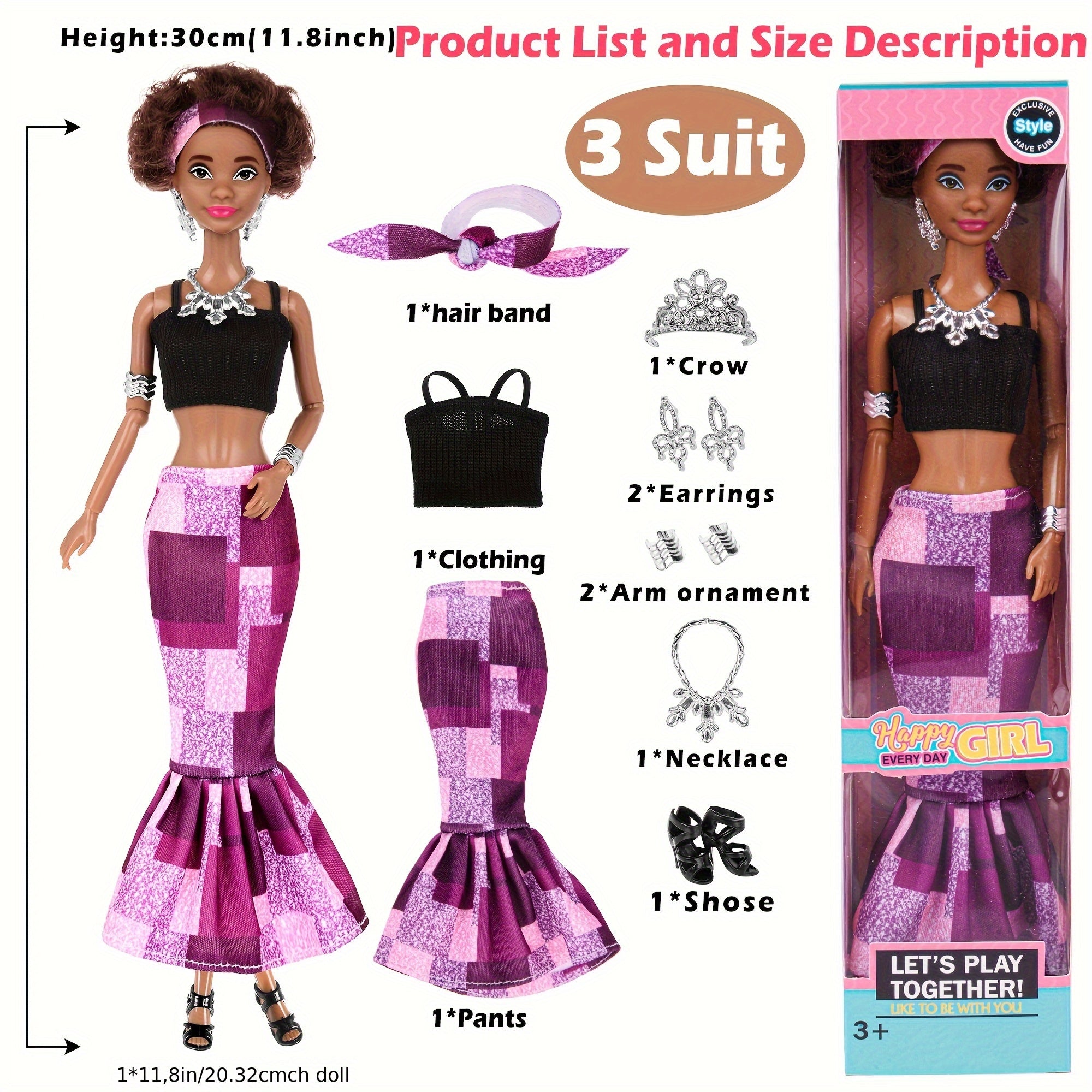 African American Fashion Dolls 6 Pack 11.5 Inch Curly Hair – Removable Career Outfits Gown Chef Nurse Flight Attendant Party Favors Gift for Girls Ages 3+