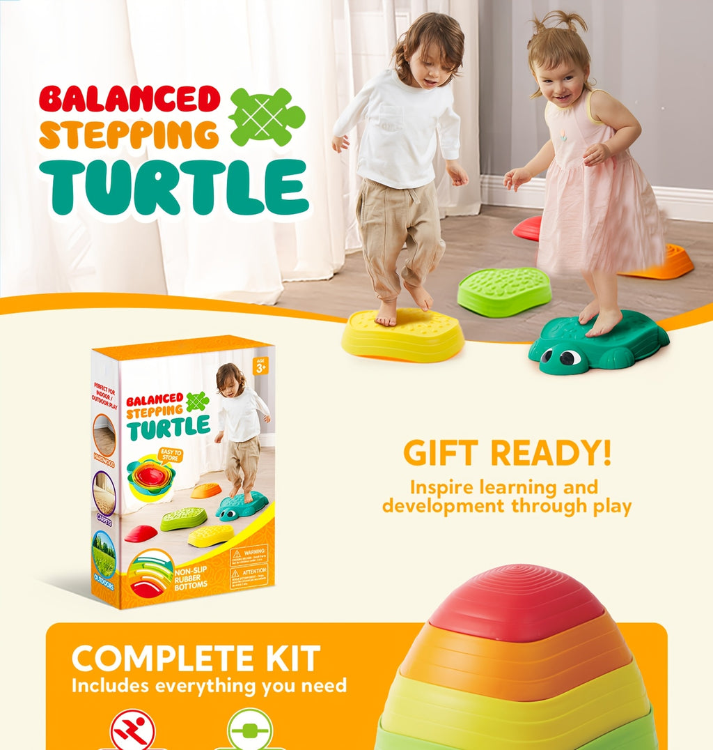Turtle Balance Stepping Stones for Kids 5pcs Indoor Outdoor Obstacle Course Gross Motor Coordination Toy Ages 3 4 5 6 - Birthday Christmas Gift