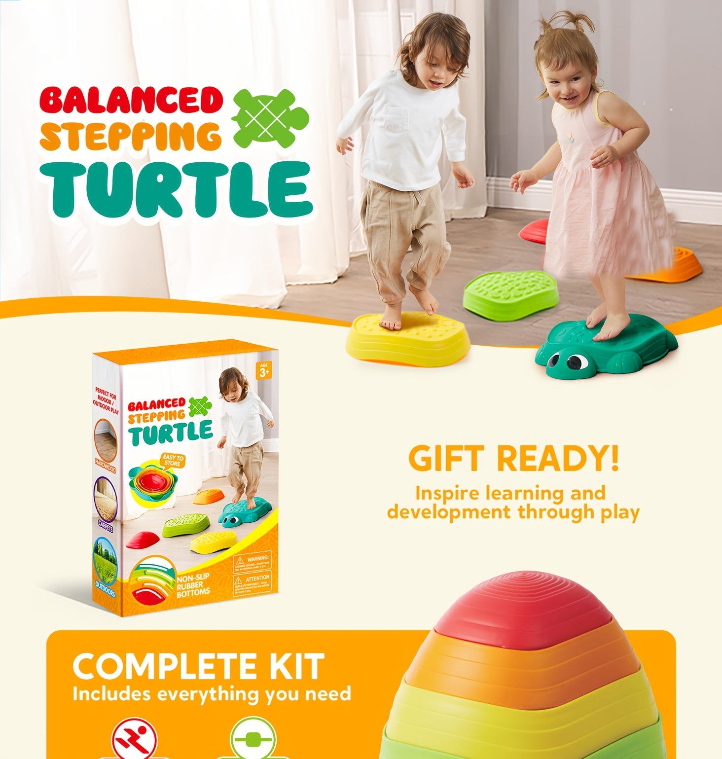 Turtle Balance Stepping Stones for Kids 5pcs Indoor Outdoor Obstacle Course Gross Motor Coordination Toy Ages 3 4 5 6 - Birthday Christmas Gift