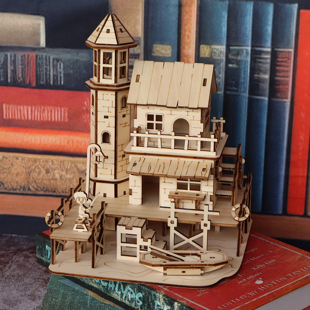 Wooden 3D Puzzle Model Kit Fisherman's Cabin - Handmade Wood Assembly Building Set for Adults & Kids, STEM Craft Gift