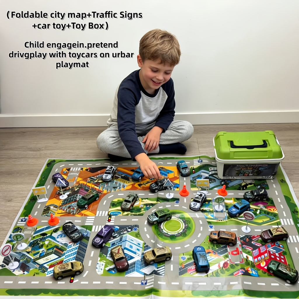 Dinosaur Toy Car Set 29-30pcs Pull Back Mini Racing Cars with City Traffic Map T-Rex Spinosaurus Figures No Battery Kids Party Favors Boys Girls Ages 3+ Gift
