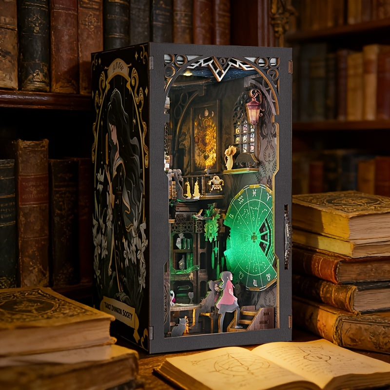 DIY Book Nook Kit with LED Lights – 3D Wooden Miniature Puzzle Bookshelf Insert, Magic Scene Model Building Set, Creative Home Room Decor, Birthday Gift for Adults & Teens
