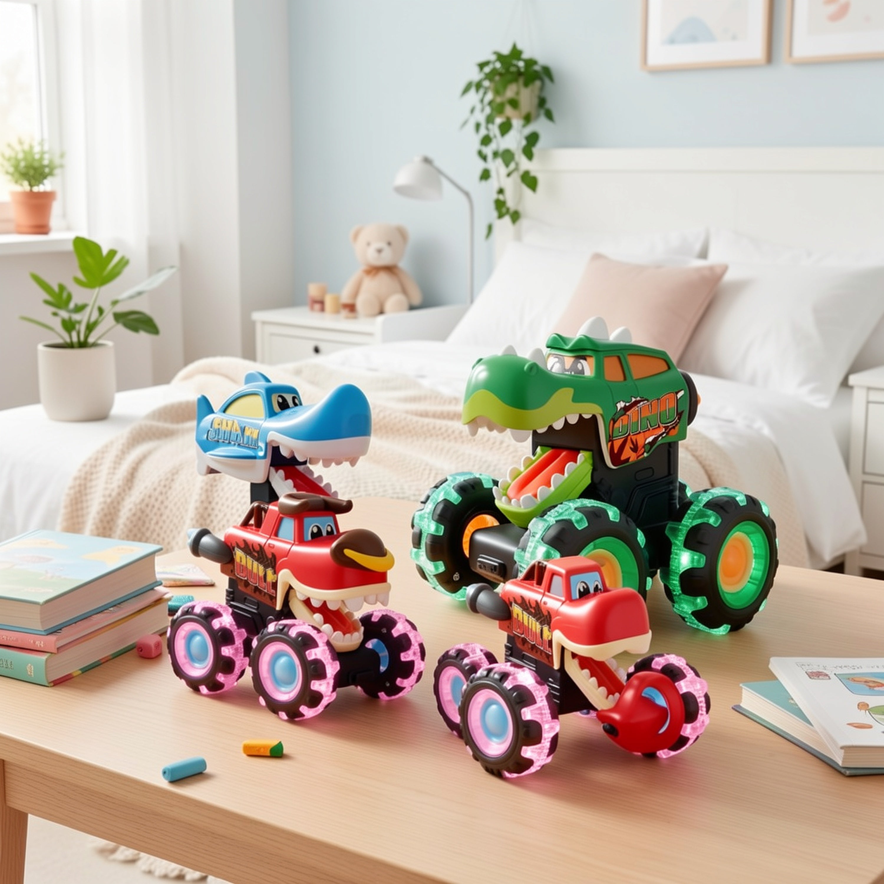 Monster Truck Toys for Toddlers 3 Pack – LED Light-Up Animal Trucks with Press & Go, Chomping Action – Shark, Bull & T-Rex Glow Cars, Easter Birthday Gift for Boys & Girls Ages 1.5+