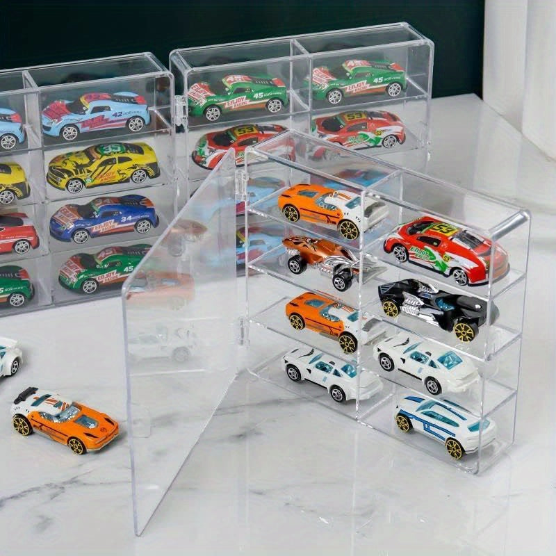 Die-Cast Car Display Case 4pcs 1/64 Scale Acrylic Holds 32 Cars - Dustproof Stackable Clear Storage Organizer for Hot Wheels Matchbox Collectors