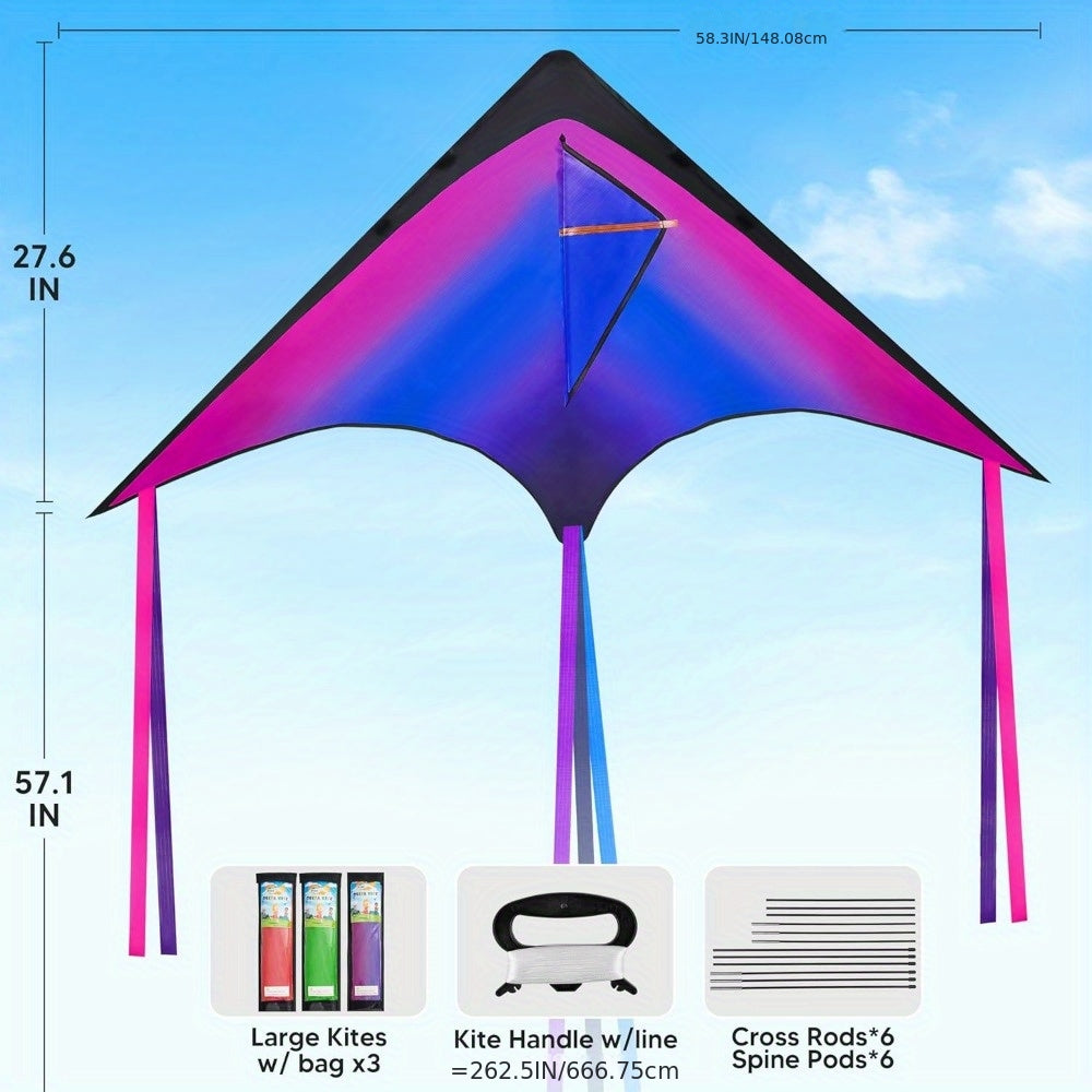 Large Delta Kite 3 Pack for Kids Adults, Easy to Fly Gradient Colorful Kites with 262.5ft String & Flowing Tails, Outdoor Beach Park Toy for Boys Girls Family, Birthday Summer Holiday Gift