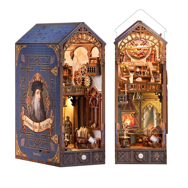 Leonardo da Vinci Book Nook Kit by Tonecheer, DIY 3D Wooden Puzzle Bookshelf Insert with LED Lights and Dust Cover for Adult Craft Gifts