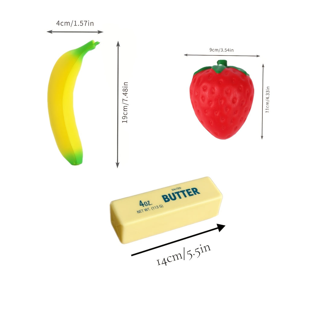 Squishy Food Slow Rising Stress Relief Toy Set 3/6pcs Butter Banana Strawberry PU Foam Sensory Squeeze Toys – Pretend Play Simulation Food for Kids Classroom Holiday Office Decoration Gift