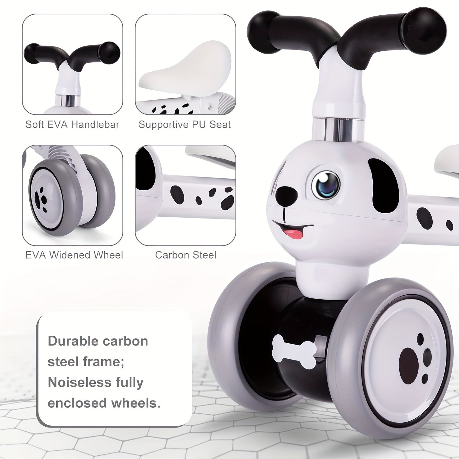 Toddler Balance Bike 10-36 Months – 4 Wheel No Pedal Baby Ride On Toy, Dalmatian Dog Style, Adjustable Seat & EVA Wheels – Best First Birthday Gift for Baby Boys & Girls