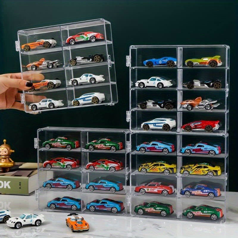 Die-Cast Car Display Case 4pcs 1/64 Scale Acrylic Holds 32 Cars - Dustproof Stackable Clear Storage Organizer for Hot Wheels Matchbox Collectors