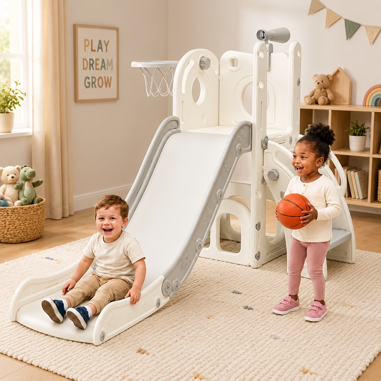 Toddler Slide and Climber Playset Indoor Outdoor for Boys Girls Ages 1.5-6 - L-Shaped Playground with Basketball Hoop Storage Telescope, Easy Assembly Kids Slide Set, Birthday Christmas Gift