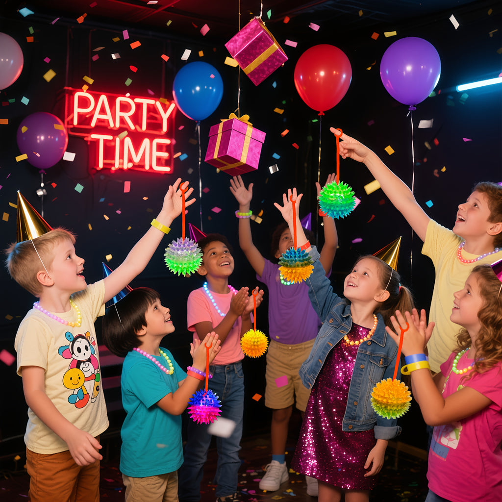 LED Light Up Inflatable Balls 28 Pcs Glow in the Dark - Spiky Sensory Balls on Rope, Party Favors for Kids Teens Adults, Carnival Decorations, Birthday Party Gift