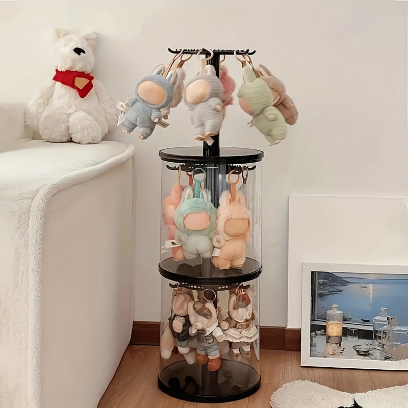 Rotating Display Case for LABUBU Figures 360 Degree Acrylic Box – Lidded Dust Cover Doll Storage with Multi-Layer Hanging Rack for Plush Toys Action Figures Blind Box Collectibles, White & Black