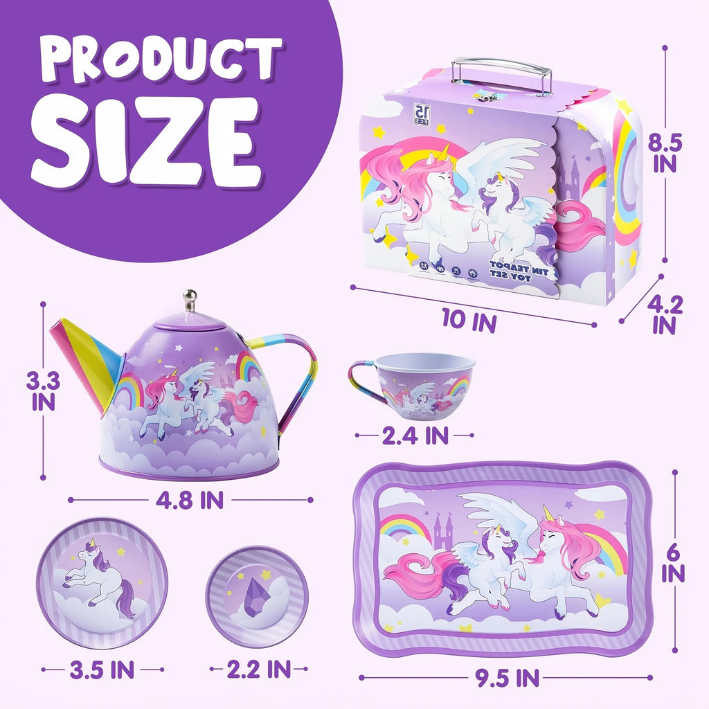 Unicorn Tea Party Set for Girls, Purple Tin Teapot Cups & Plates Pretend Play Kitchen Toy, Birthday Easter Gift for Toddlers Girls Ages 3+