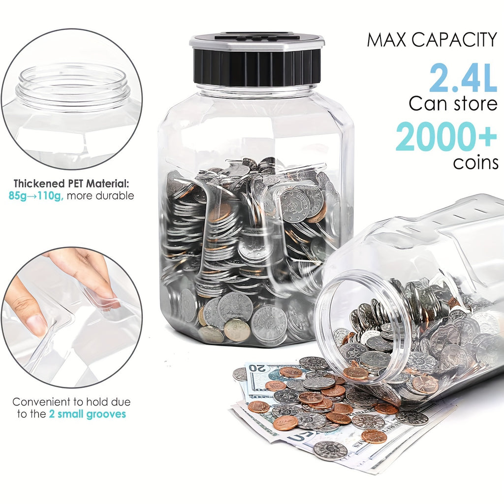 Digital Coin Counting Piggy Bank 2.4L LCD Counter – Extra-Large Transparent Acrylic Coin Jar That Counts Money – Savings Bank for Adults & Teens – Birthday, Christmas & Father's Day Gift