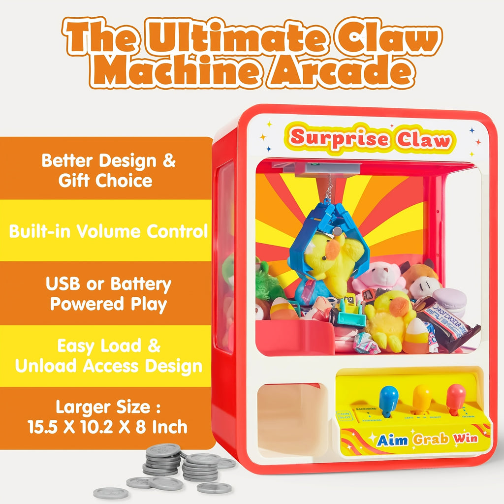 Mini Claw Machine Arcade Toy with LED Lights Adjustable Sound - Rechargeable Kids Claw Machine Birthday Christmas Gift Boys Girls Ages 3-8