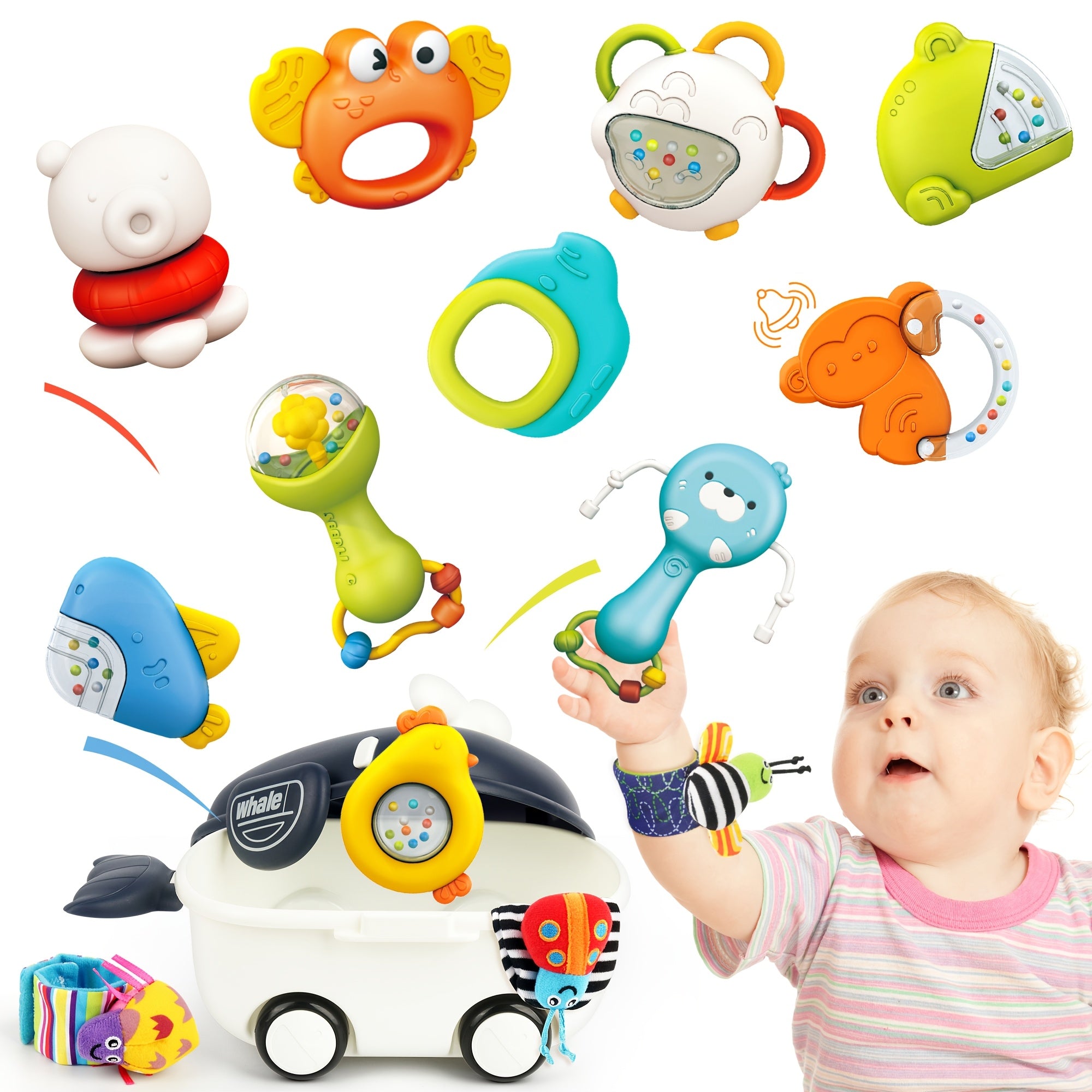 Newborn Sensory Toy Set 13 Pcs Baby Rattle Gift – Wrist & Foot Finders, Teethers & Rattles for Infants 0+, Baby Shower Gift, Stocking Stuffer for Boys & Girls