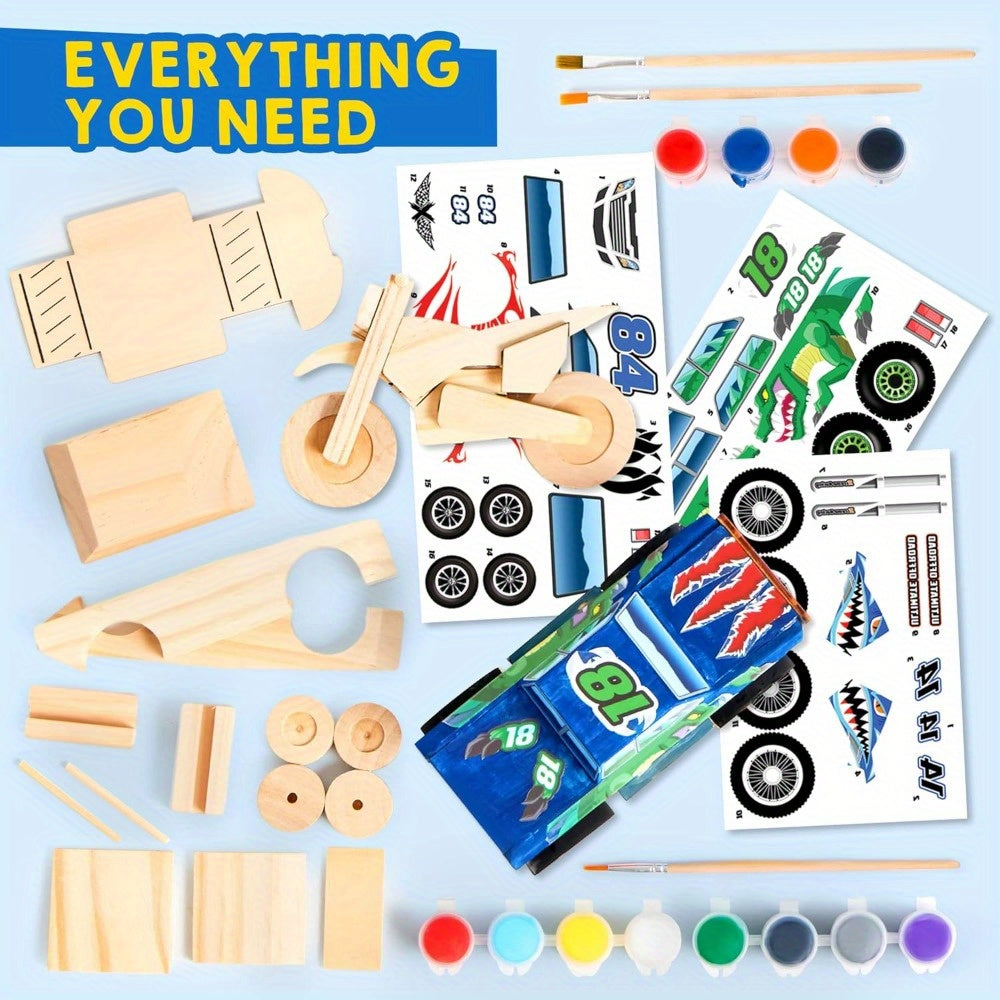 Build & Paint Your Own Wooden Race Car Craft Kit 144 Pieces with Race Car Motorcycle Monster Truck 12 Paint Colors Decals STEM Toy Gift for Kids Boys