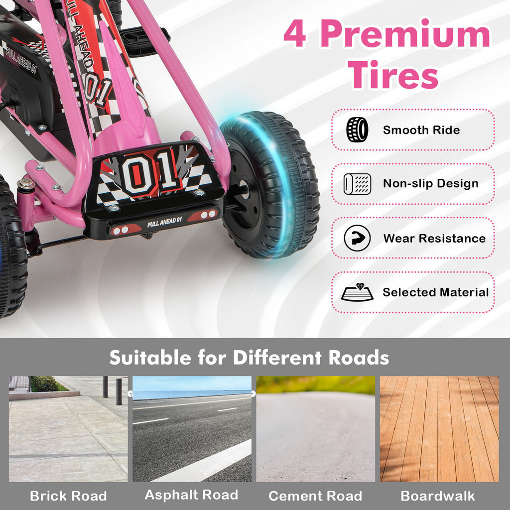 Kids Pedal Go Kart 4-Wheel Ride On Car Adjustable Seat Handbrake Non-Slip Wheels No Battery Outdoor Racing Toy Boys Girls Ages 3 4 5 6 Birthday Christmas Gift